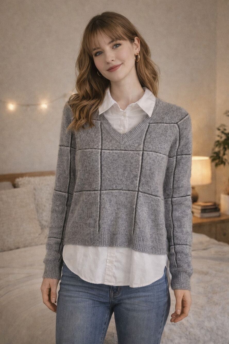 Gray Windowpane Layered Sweater Shirt XS Collared Preppy Academia 2 in 1